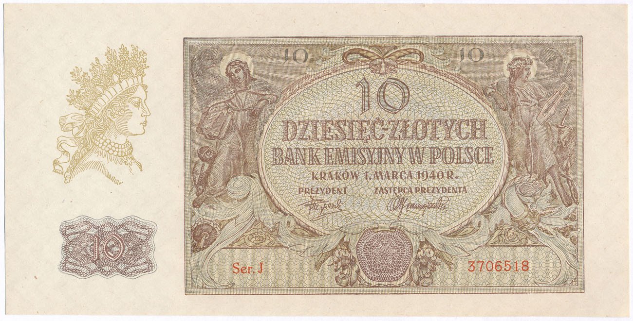 Banknot. 10 złotych 1940 seria J